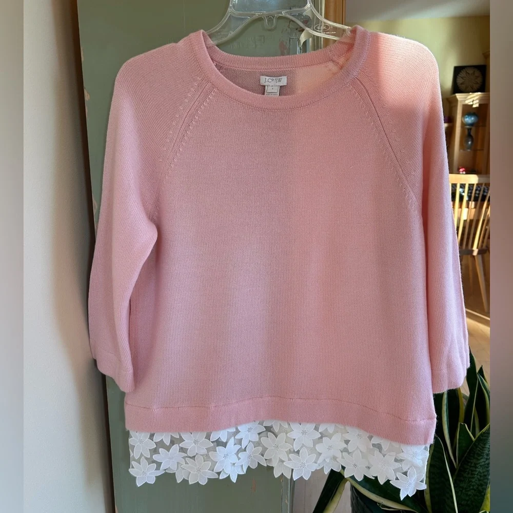 J. Crew Women’s Lace Hem Merino Wool Blend Sweater in Pink Blush Size Small NWOT